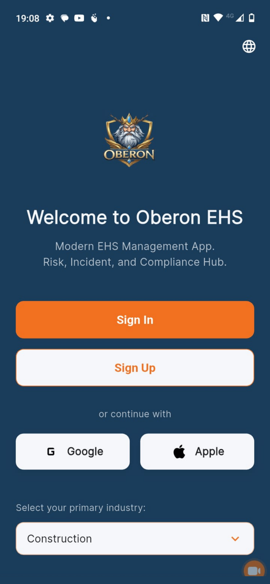 Oberon EHS welcome screen